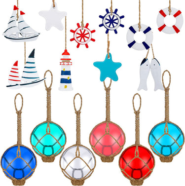 16 Pcs Glass Fishing Float Beach Ornaments Sets for Christmas Tree, Nautical Hanging Beach Decorations Ornament Glass Fishing Buoy Nautical Christmas Ornaments for Craft Home Decor Christmas Tree